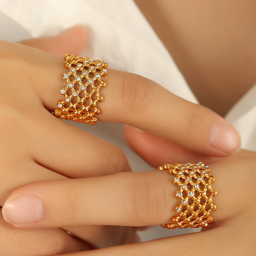 1 Pair Simple Series Retro Geometric Stainless Steel  Gold Plated Rhinestone Women Single Rings Picture4