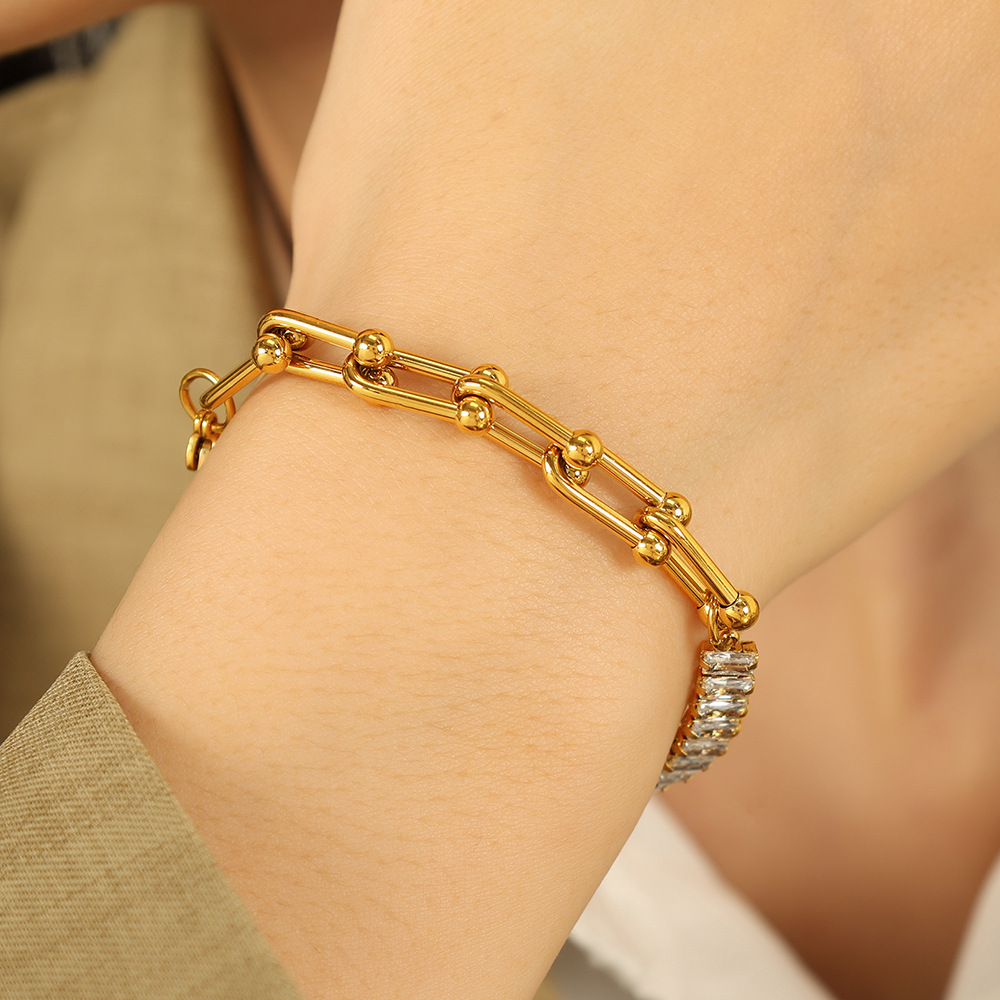 1 Piece Luxurious Series Simple Geometric Stainless Steel  Gold Plated Rhinestone Women Charm Bracelets Picture4