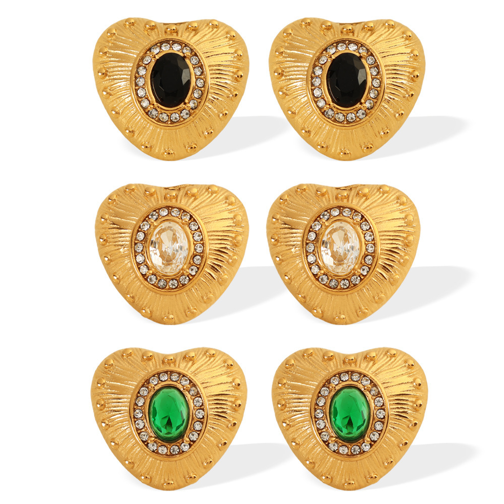 1 Pair Classic Series Retro Heart Stainless Steel Gold Plated Zircon Women Stud Earrings h5Picture2
