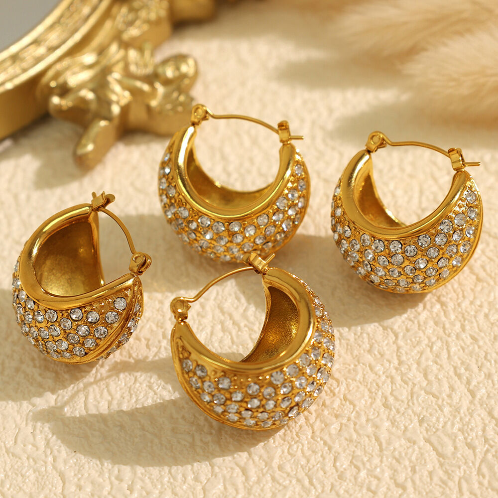 1 paire de boucles d'oreilles créoles classiques géométriques en acier inoxydable plaqué or  avec strass pour femme, série luxueuse 