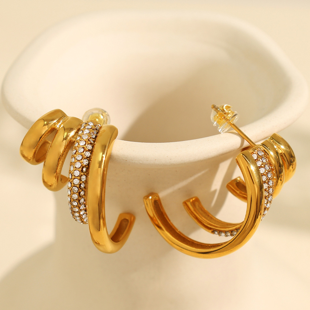 1 Pair Simple Series Retro Geometric Stainless Steel  Gold Plated Rhinestone Women Stud Earrings Picture2