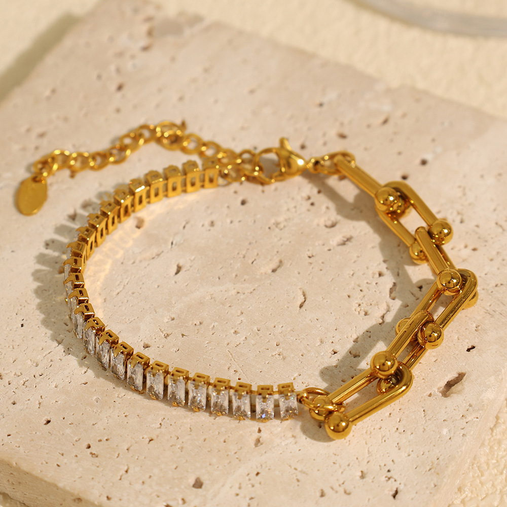 1 Piece Luxurious Series Simple Geometric Stainless Steel  Gold Plated Rhinestone Women Charm Bracelets Picture3