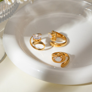 1 Piece Luxurious Series Irregular Stainless Steel Waterproof Gold Color Rhinestone Women's Single Rings h5 Picture2