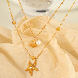 Collar De Capas Para Mujer Con Perlas Artificiales Chapadas En Oro De 18 Quilates De Acero Inoxidable Con Forma De Tortuga, Serie Simple, 1 Unidad h5 Imagen2