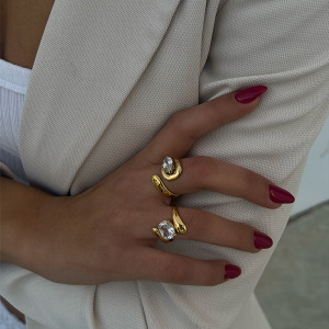 1 Piece Luxurious Series Irregular Stainless Steel Waterproof Gold Color Rhinestone Women's Single Rings h5 Picture5