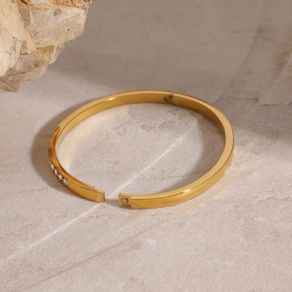 1 Piece Simple Series Annular Stainless Steel Gold Plated Rhinestone Women Bangles h5Picture3
