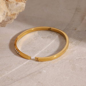 1 Piece Simple Series Annular Stainless Steel Gold Plated Rhinestone Women Bangles h5 Picture3