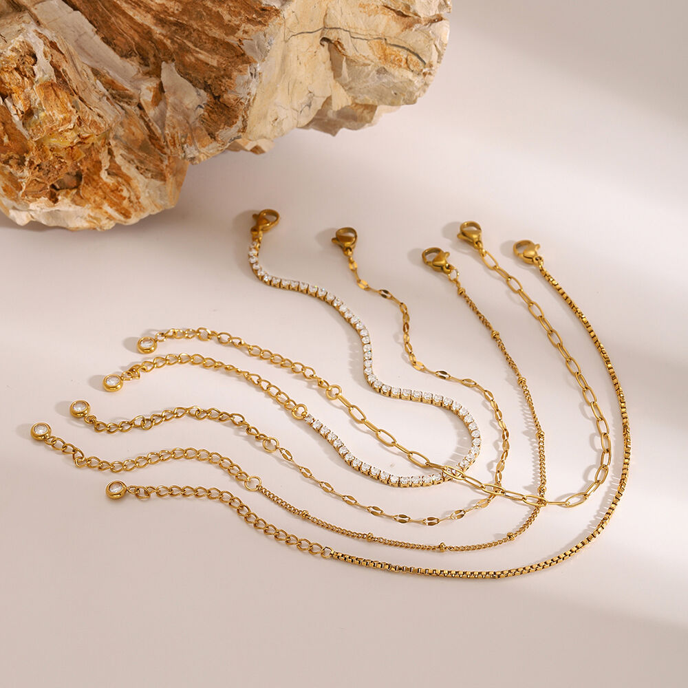 1 piece simple series line stainless steel gold plated rhinestone women chain bracelets