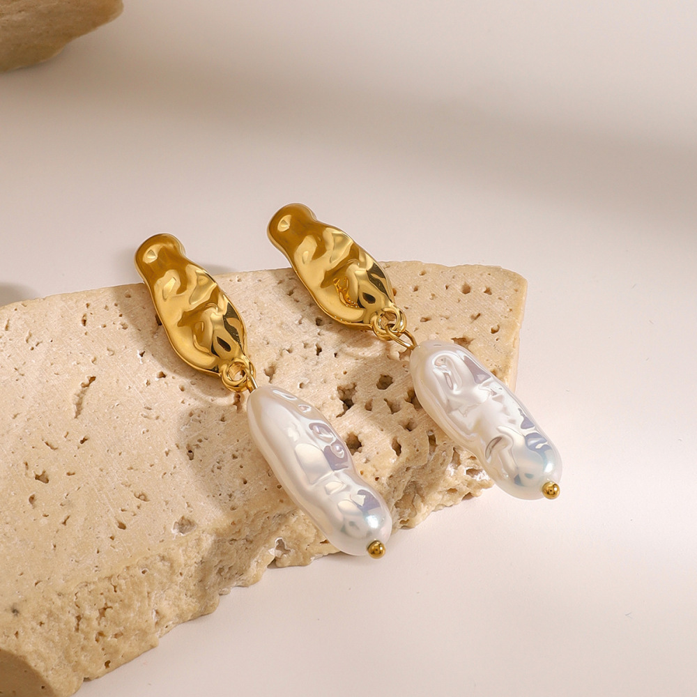 1 Pair Classic Series Oval Stainless Steel Gold Plated Artificial Pearl Women Drop Earrings h5Picture4