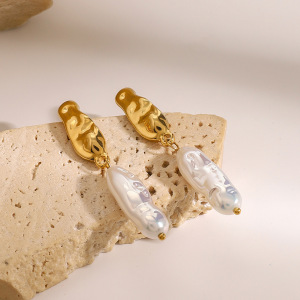 1 Pair Classic Series Oval Stainless Steel Gold Plated Artificial Pearl Women Drop Earrings h5 Picture4