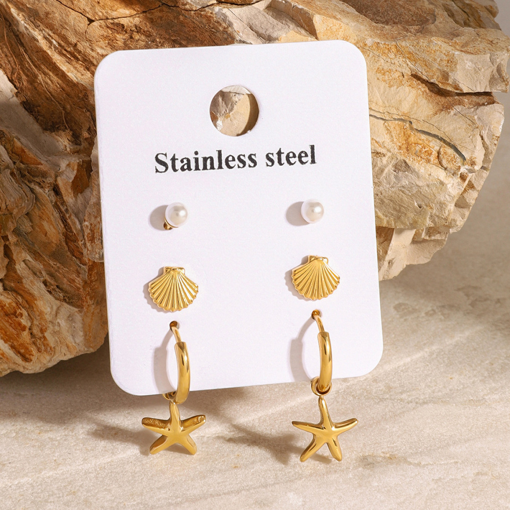 1 Pair Romantic Series Classic Starfish Stainless Steel Gold Plated Artificial Pearl Women Earrings Set h5Picture4