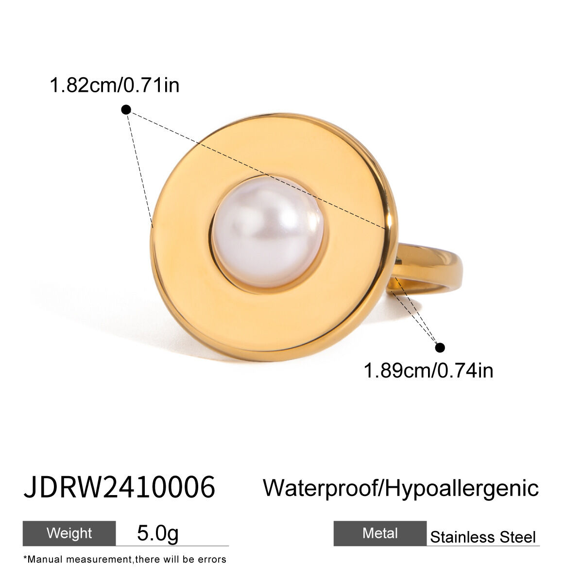 1 paire de bagues ajustables pour femmes, série simple, en acier inoxydable plaqué or , avec perles artificielles Image2