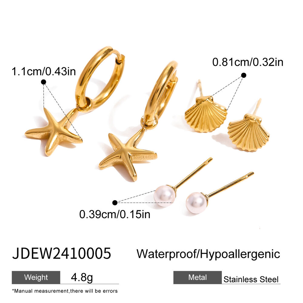 Juego de 1 par de pendientes de acero inoxidable con perlas artificiales chapadas en oro de 18 quilates y diseño de estrella de mar clásica de la serie romántica para mujer. h5Imagen2