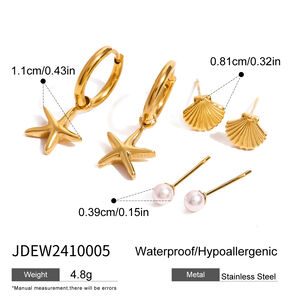 Juego de 1 par de pendientes de acero inoxidable con perlas artificiales chapadas en oro de 18 quilates y diseño de estrella de mar clásica de la serie romántica para mujer. h5 Imagen2