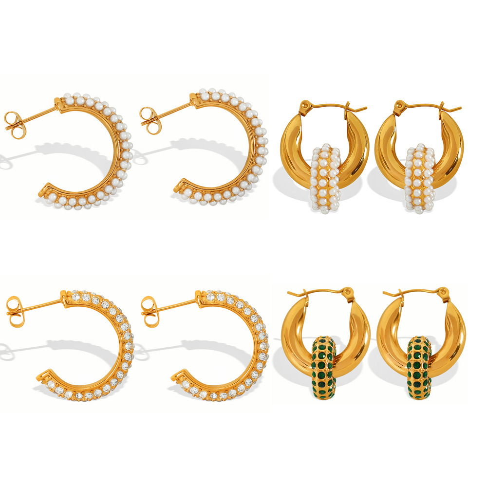 1 Pair Luxurious Series Retro Geometric Stainless Steel Gold Plated Zircon Women Hoop Earrings h5Picture4