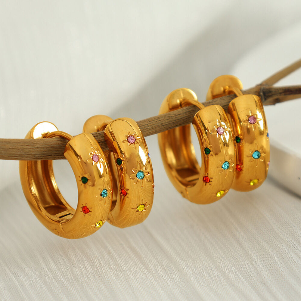 1 pair simple series retro geometric stainless steel gold plated rhinestone women hoop earrings