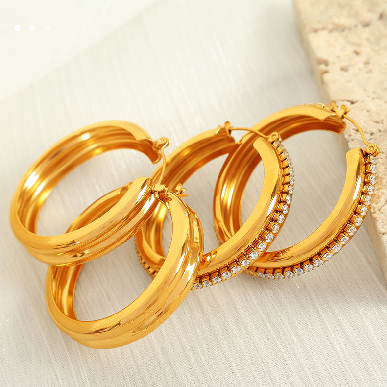1 Pair Simple Series Classic Solid Color Stainless Steel Gold Plated Zircon Women Hoop Earrings h5Picture5