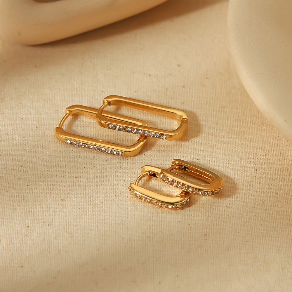 1 Pair Of Simple And Stylish  Gold-Plated Stainless Steel Diamond Rectangular Hoop Earrings For Women's Jewelry For Daily Wear Picture3