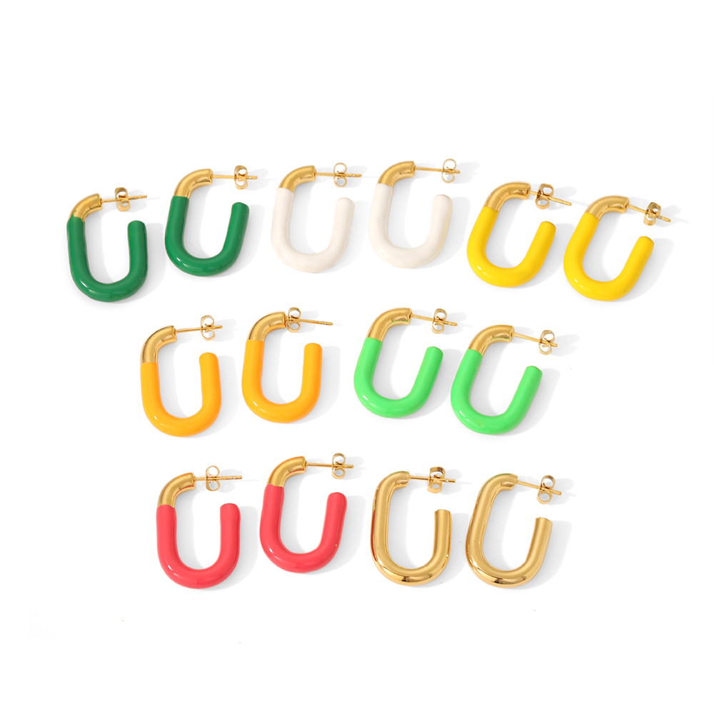 1 paire de boucles d'oreilles en forme de u en acier inoxydable plaqué or , créatives et à la mode, colorées, en forme de goutte d'huile, pour bijoux pour femmes à porter au quotidien h5 Image2