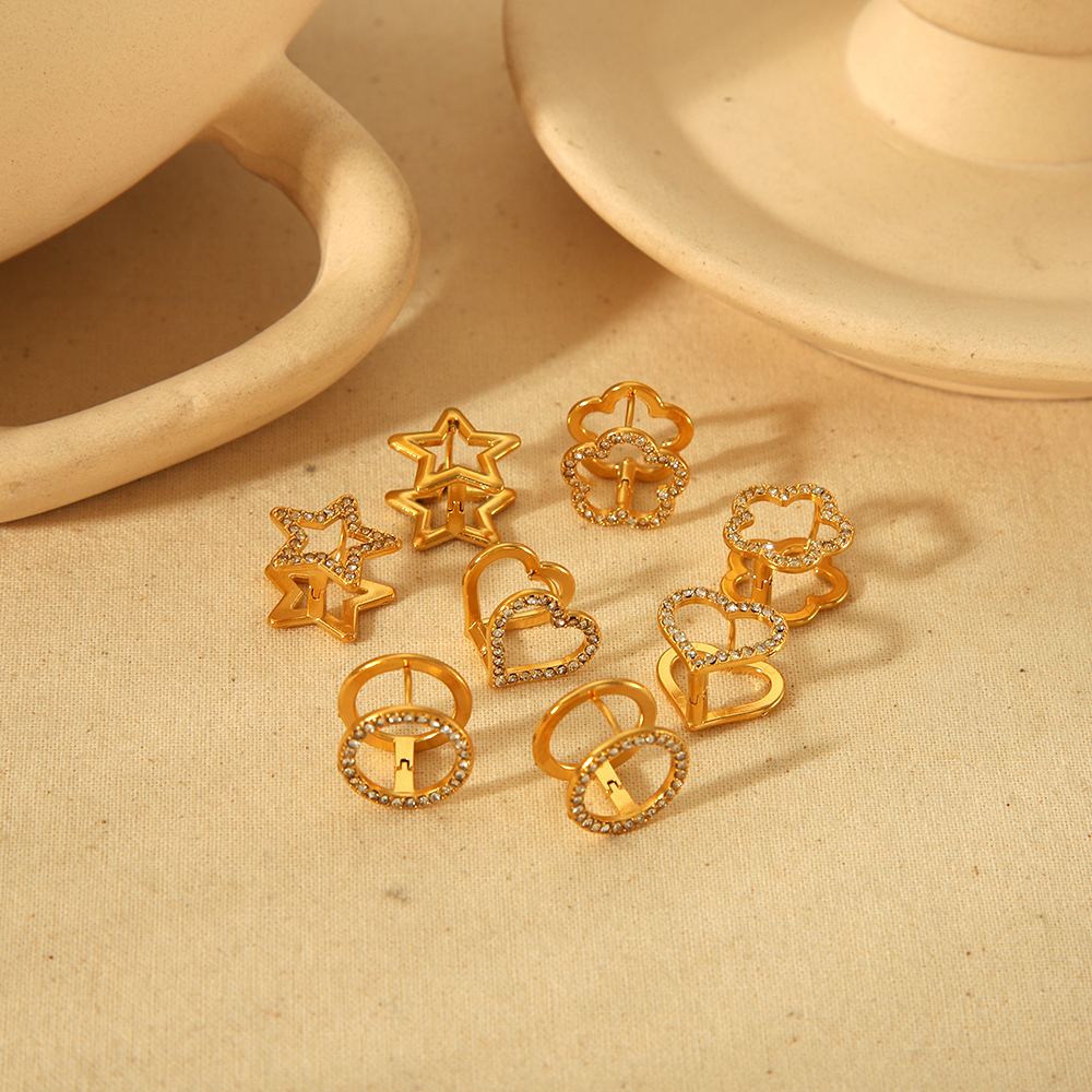 1 Pair Of Exquisite And Fashionable  Gold-Plated Stainless Steel Hollow Diamond Star Flower Heart Earrings For Women's Daily Wear Picture3