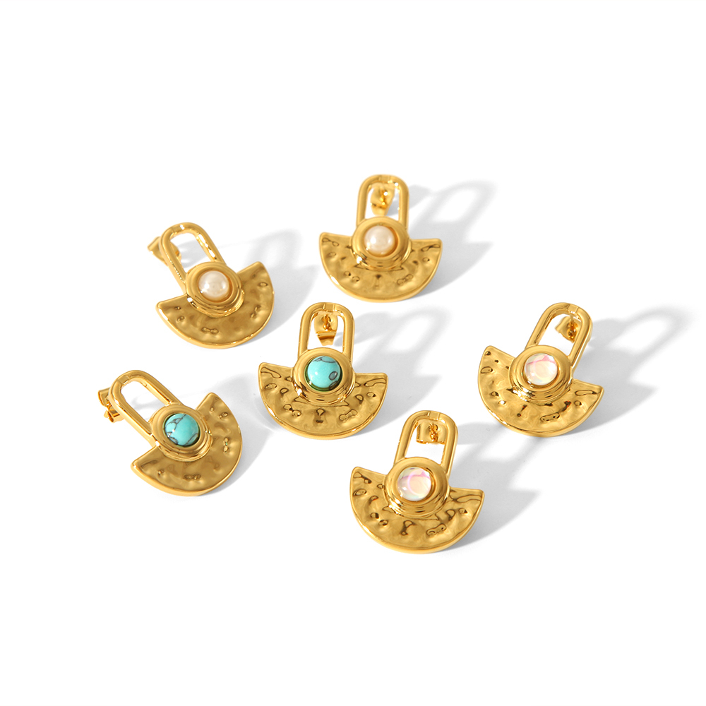 1 Paio Di Orecchini Geometrici In Pietra Naturale Martellata In Acciaio Inossidabile Placcato Oro 18K Personalizzati Alla Moda Per L'Uso Quotidiano Delle Donne Immagine4
