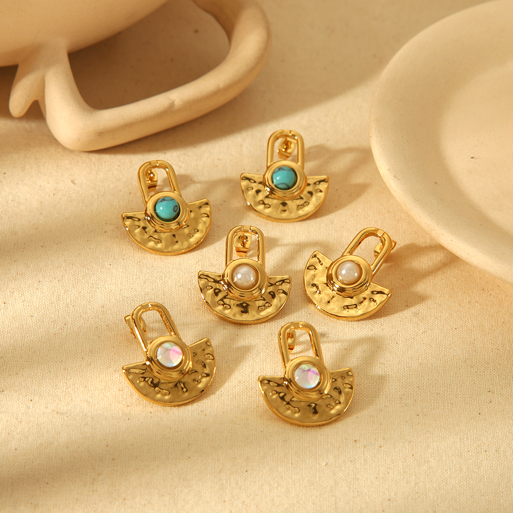 1 paire de boucles d'oreilles personnalisées en acier inoxydable plaqué or  avec pierres naturelles martelées géométriques pour un usage quotidien pour femmes h5 Image2