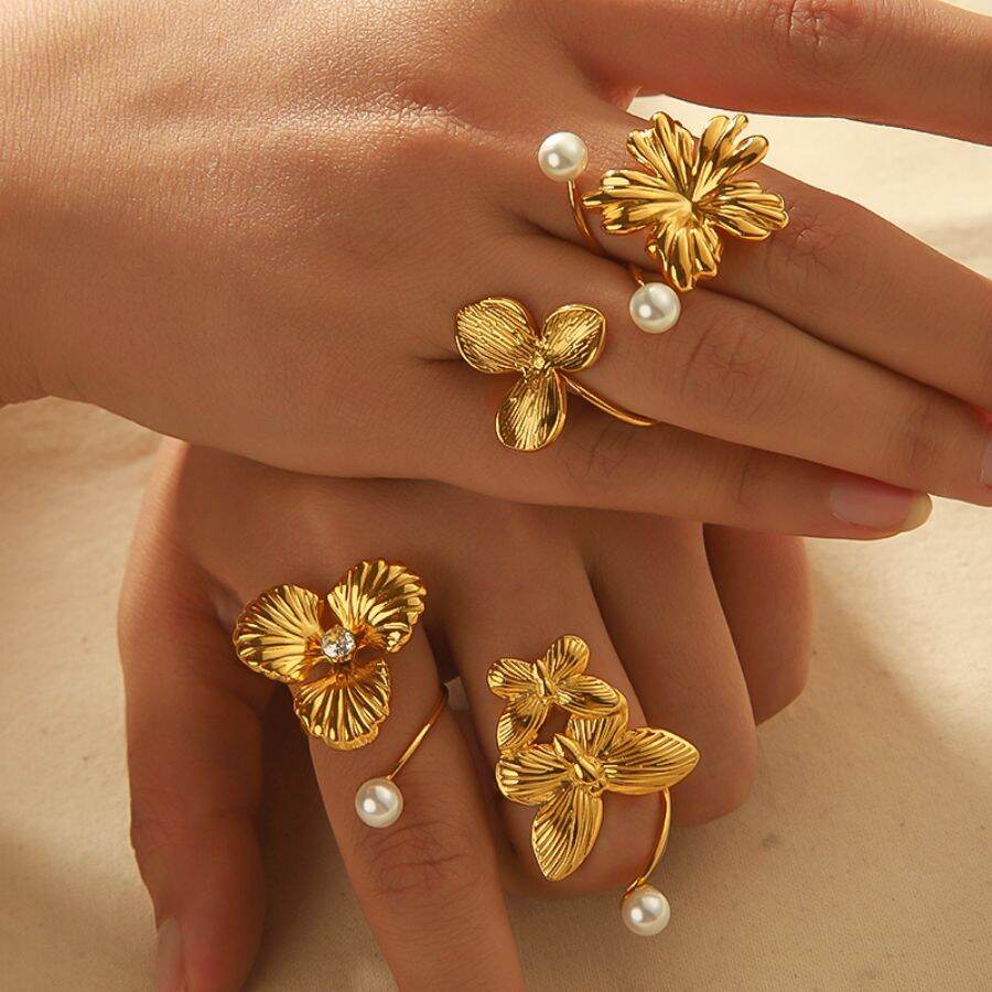 1 piece of exquisite and elegant  gold-plated stainless steel irregular flower butterfly pearl open ring for women's jewelry for daily wear Picture2