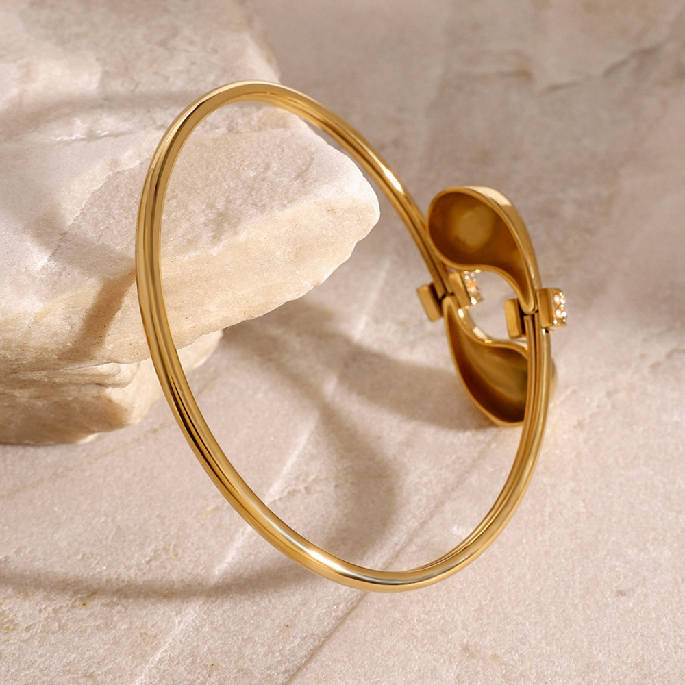 1 Piece Simple Series Simple Droplet Stainless Steel Gold Plated Rhinestone Women Bangles h5Picture4