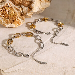 1 Pair Retro Hong Kong style exquisite bracelet for girls gold stainless steel gold and silver color matching O-style hammer pattern thick chain bracelet women's chain bracelet h5