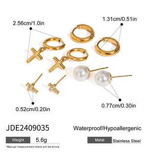 1 pair simple series elegant cross stainless steel gold plated rhinestone women earrings set h5 Picture2