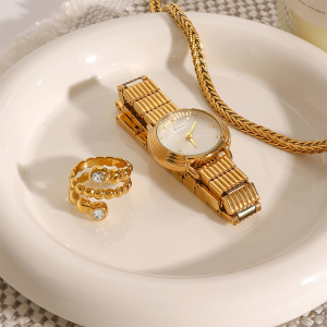 1 Pair Simple Series Elegant Annular Stainless Steel Gold Plated Rhinestone Women Single Rings h5 Picture2