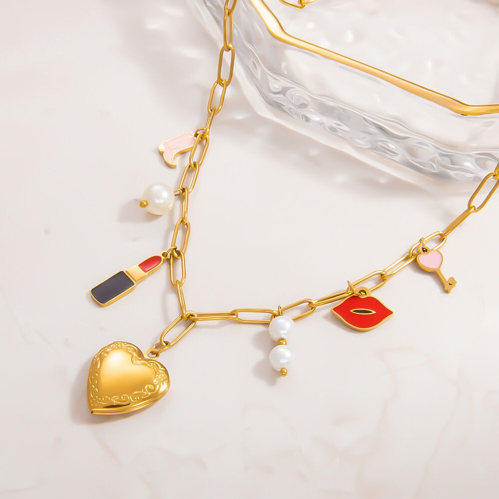 collier avec pendentif en forme de cœur classique en acier inoxydable plaqué or , série romantique, pour femme, avec perles artificielles 