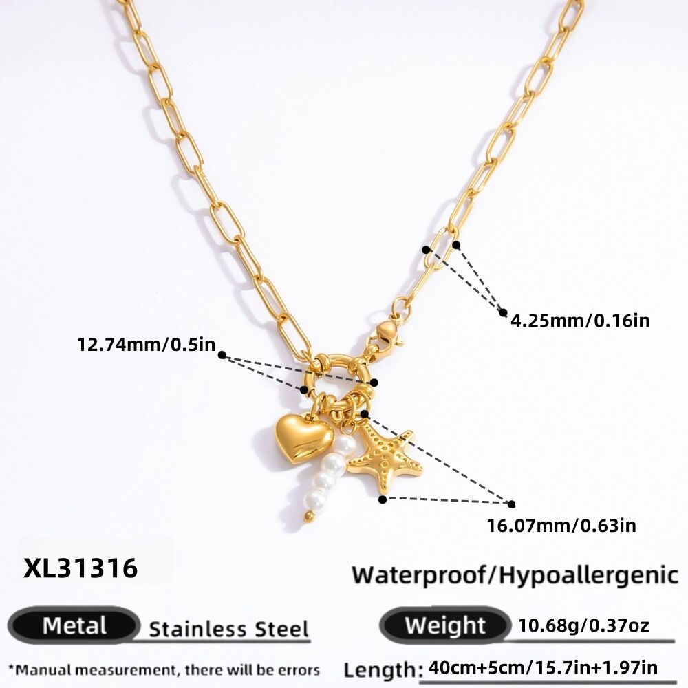collier avec pendentif en forme de cœur élégant en acier inoxydable plaqué or  et perles artificielles pour femme, série simple, 1 pièce h5 Image2