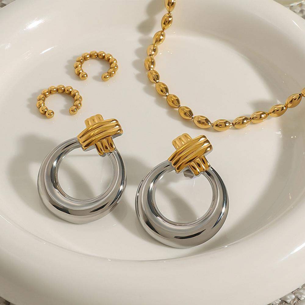 1 par de aretes anulares de acero inoxidable, serie moderna, resistentes al agua, en colores dorados y plateados, para mujer. h5 