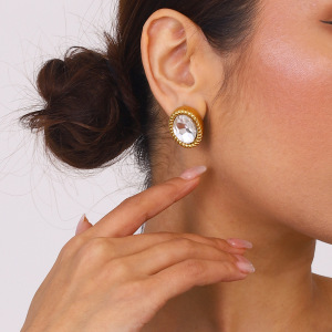 1 Pair Trendy Series Classic Oval Stainless Steel Waterproof Gold Color Women's Stud Earrings h5 Picture3