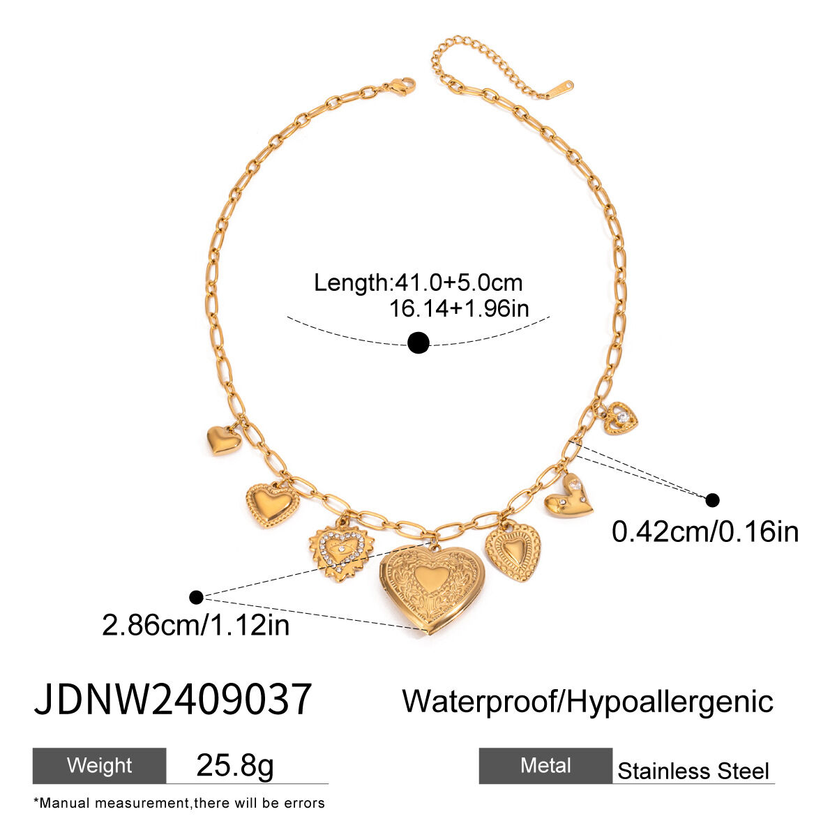 Collana con ciondolo fai da te da donna in acciaio inossidabile color oro impermeabile, a forma di cuore, alla moda, serie classica, 1 pezzo h5 Immagine2