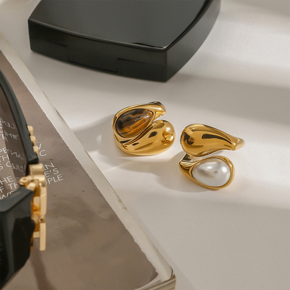 1 Stuk Klassieke Serie Ring Voor Dames, Gemaakt Van Natuursteen In Druppelvorm, Gemaakt Van Roestvrij Staal, Waterdicht En Goudkleurig, Verstelbaar. Afbeelding4