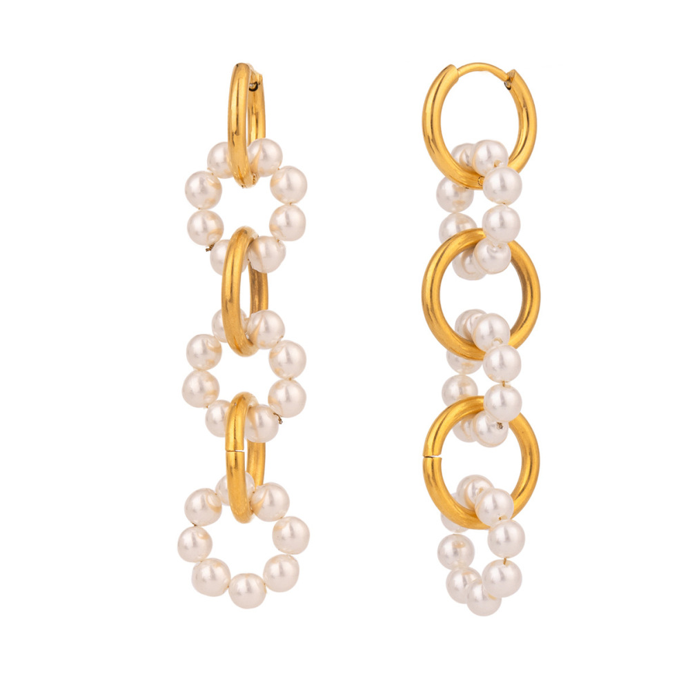 1 Pair Luxurious Series Elegant Circular Stainless Steel Waterproof Gold Color Women's Beaded Beads Earrings h5Picture7