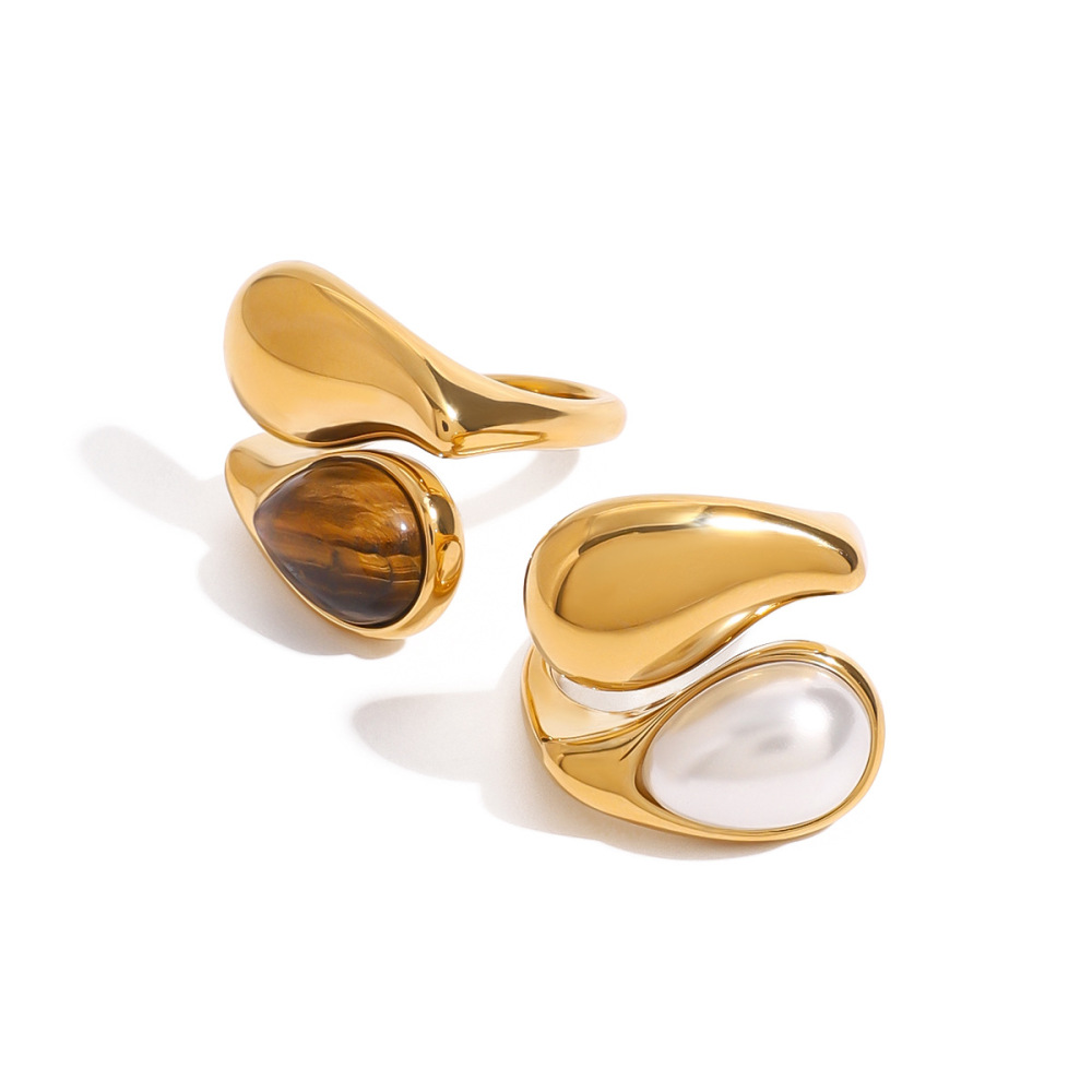 1 Stuk Klassieke Serie Ring Voor Dames, Gemaakt Van Natuursteen In Druppelvorm, Gemaakt Van Roestvrij Staal, Waterdicht En Goudkleurig, Verstelbaar. Afbeelding5