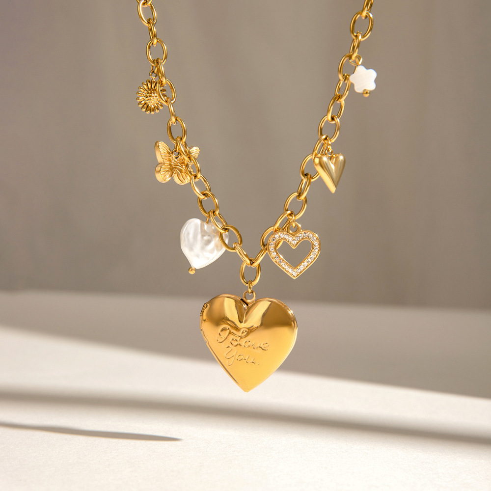 1 Stuk Klassieke Serie Prachtige Hartvormige Vlinder Roestvrij Staal Waterdicht Goudkleurig Dames Diy Hanger Ketting Afbeelding2