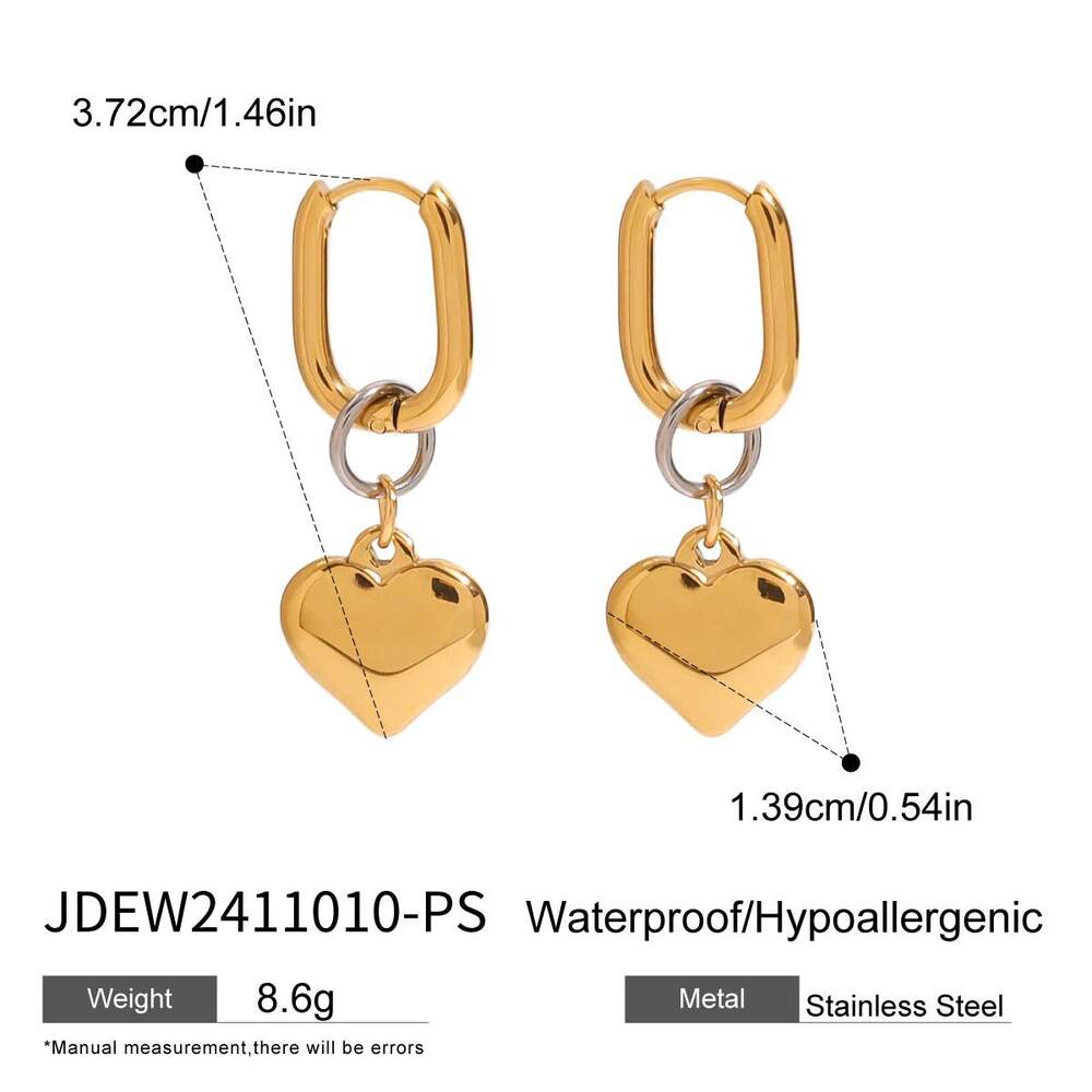 1 paar moderne serie klassieke hartvormige, waterdichte, roestvrijstalen oorbellen in goud- en zilverkleur voor dames. h5Afbeelding2