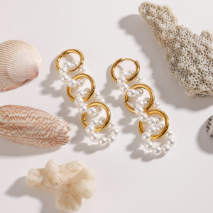 1 Pair Luxurious Series Elegant Circular Stainless Steel Waterproof Gold Color Women's Beaded Beads Earrings h5 Picture2