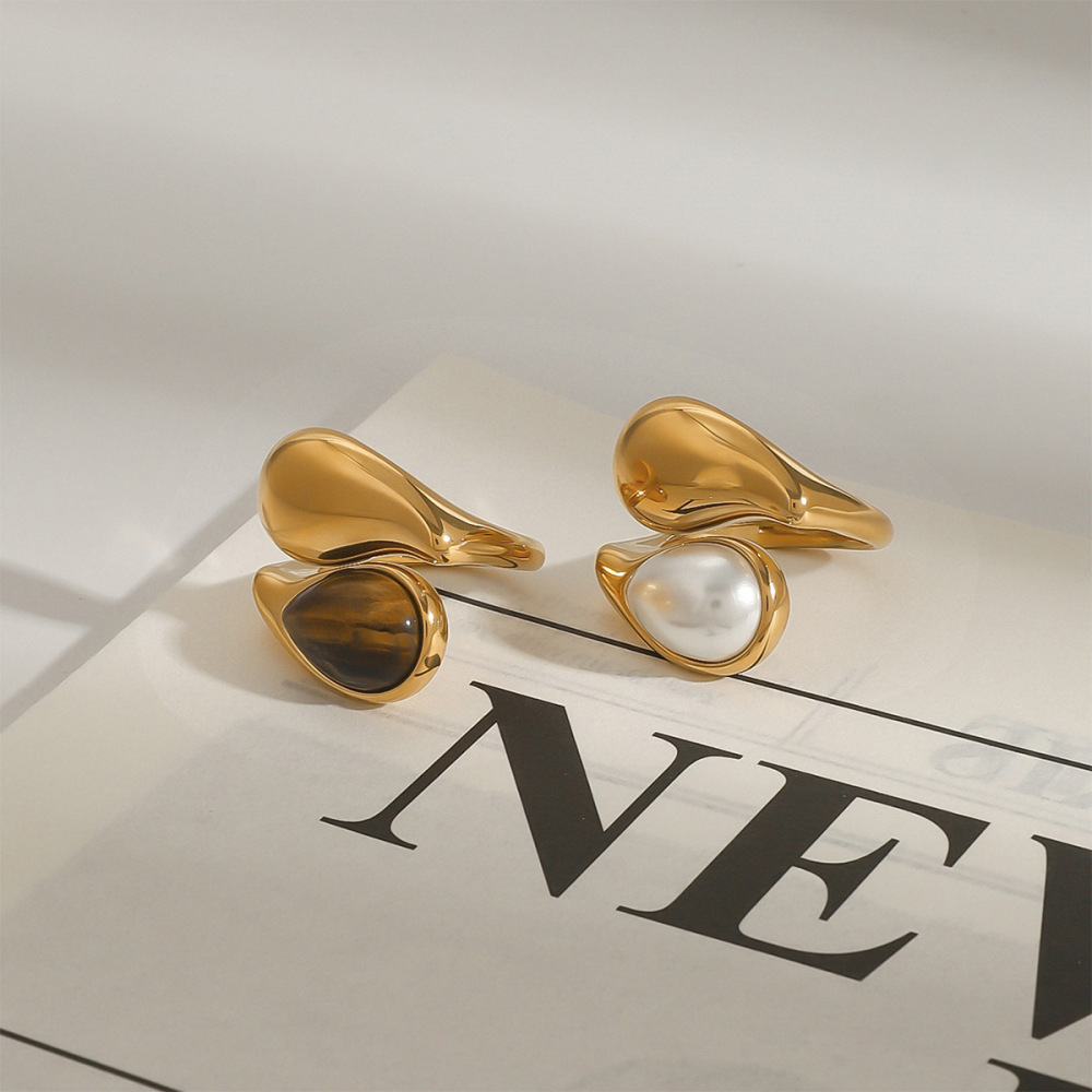 1 Stuk Klassieke Serie Ring Voor Dames, Gemaakt Van Natuursteen In Druppelvorm, Gemaakt Van Roestvrij Staal, Waterdicht En Goudkleurig, Verstelbaar. Afbeelding2