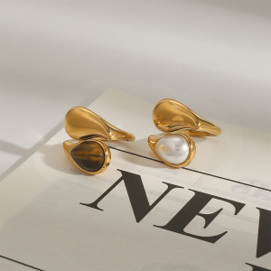 1 Stuk Klassieke Serie Ring Voor Dames, Gemaakt Van Natuursteen In Druppelvorm, Gemaakt Van Roestvrij Staal, Waterdicht En Goudkleurig, Verstelbaar. h5 Afbeelding2