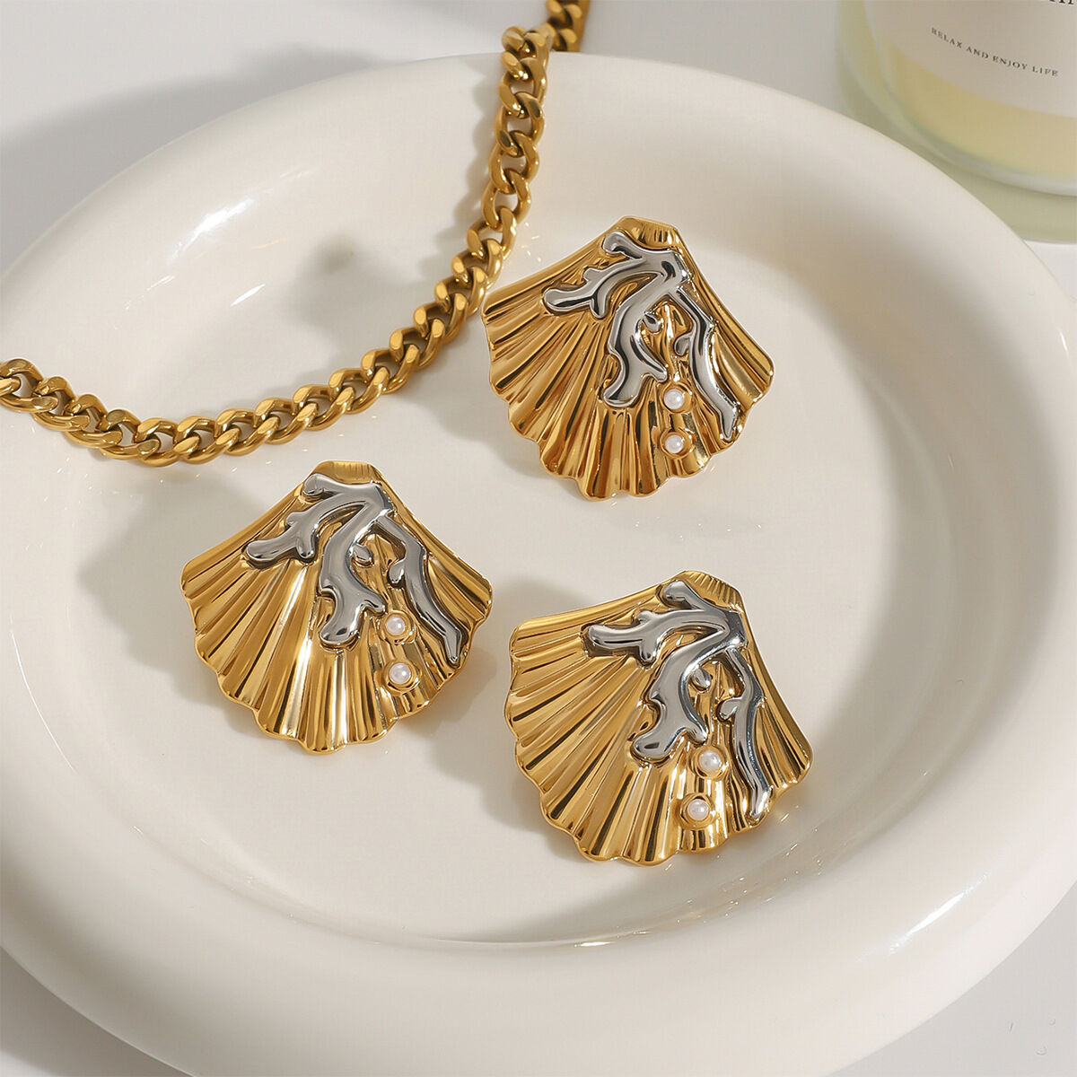 1 par de pendientes de botón de acero inoxidable con diseño de concha de mar, resistentes al agua y color dorado, para mujer, de la serie romántica Vacation h5 Imagen2