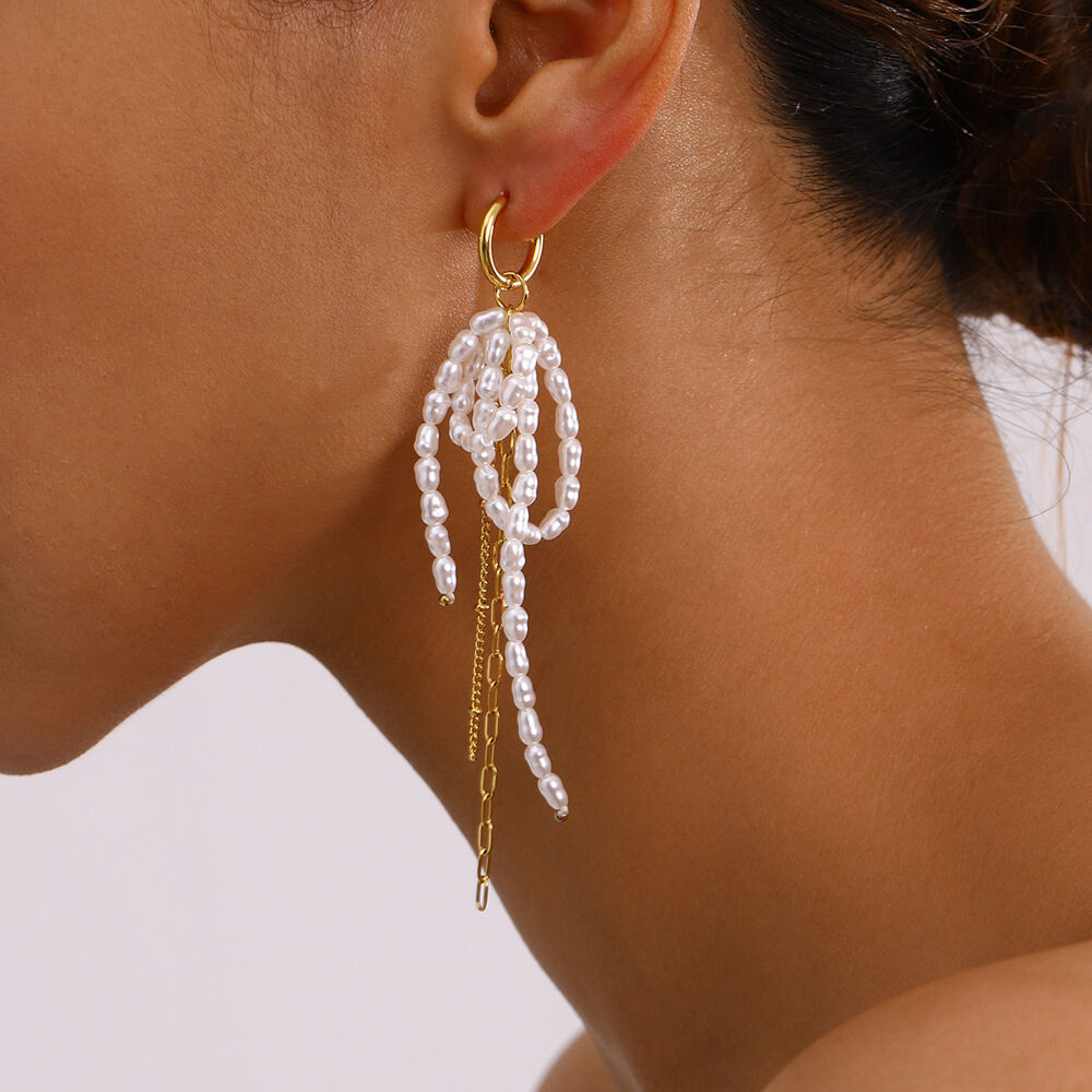 1 Pair Luxurious Series Elegant Bowknot Tassels Stainless Steel Waterproof Gold Color Women's Beads Earrings