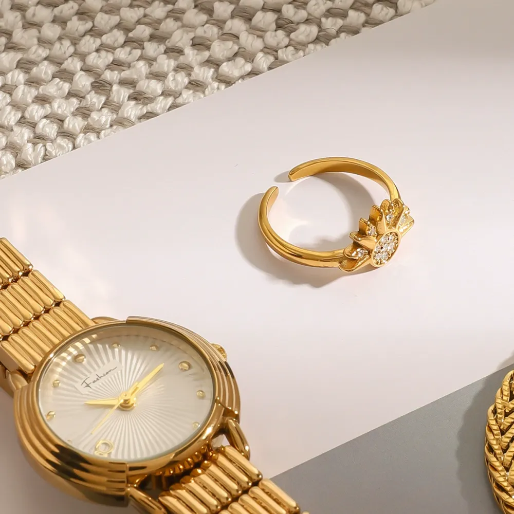1 Piece Gorgeous Series Sun Shape Delicate Stainless Steel Waterproof Gold Color Women's Adjustable Rings h5Picture5