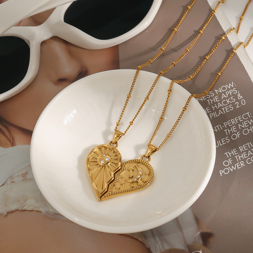 1 Piece Romantic Series Elegant Heart Couple Moon And Sun Stainless Steel Waterproof Gold Color Women's Pendant Necklaces Picture6