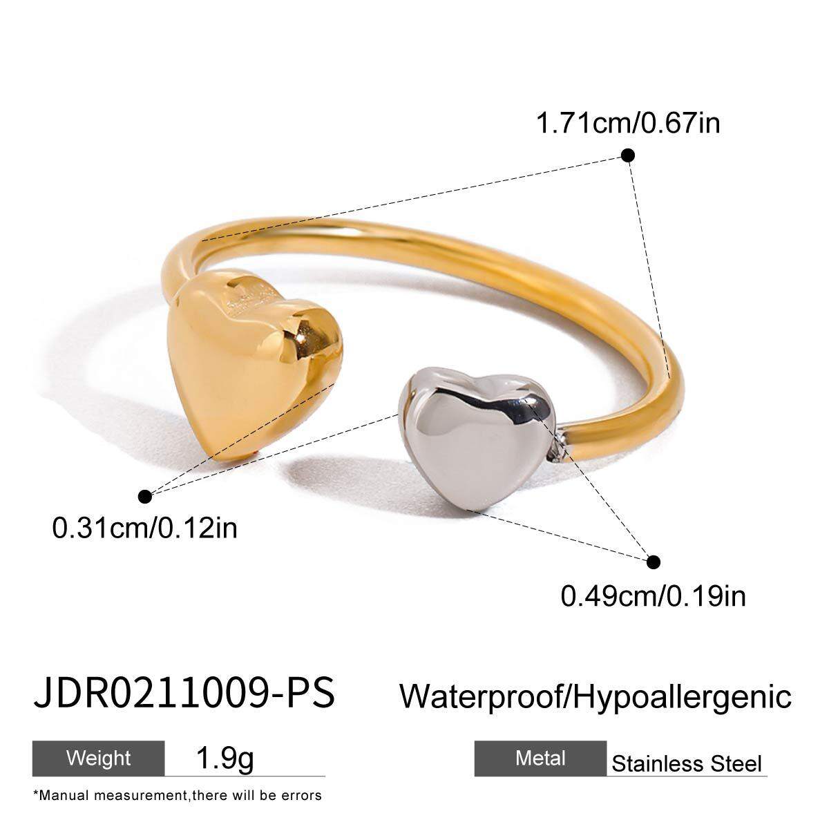 1 paar minimalistische, waterdichte, verstelbare damesringen uit de Romantic Series met hartjes, gemaakt van roestvrij staal in goudkleur. h5 