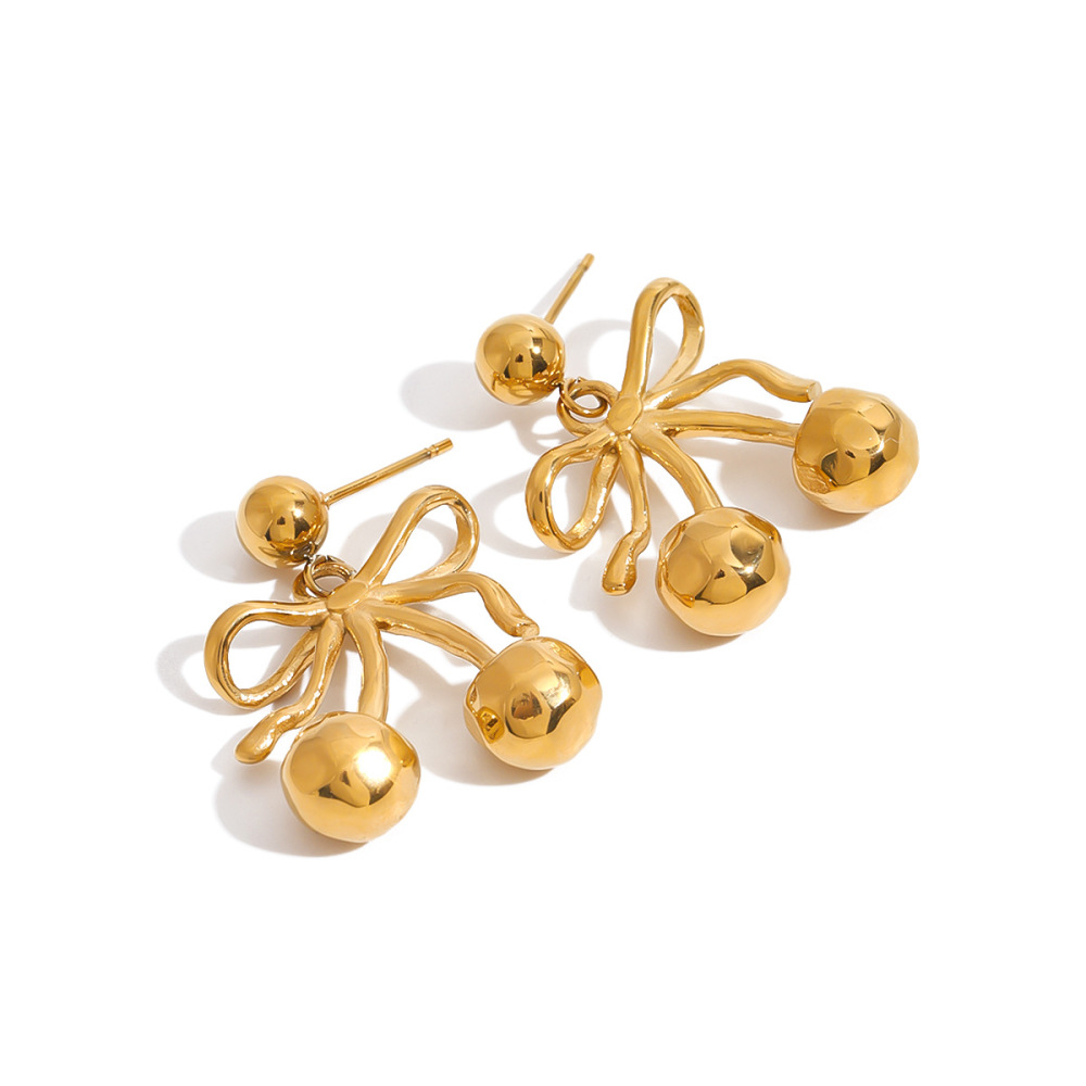 1 Par De Pendientes Colgantes Románticos De Cerezas, De Acero Inoxidable, Resistentes Al Agua Y Color Dorado Para Mujer. h5Imagen6